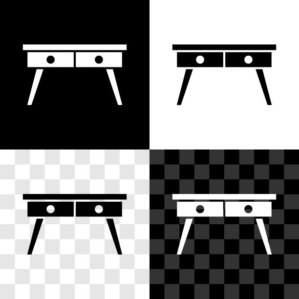 设置办公桌图标孤立的黑色和白色，透明的背景。向量图片下载