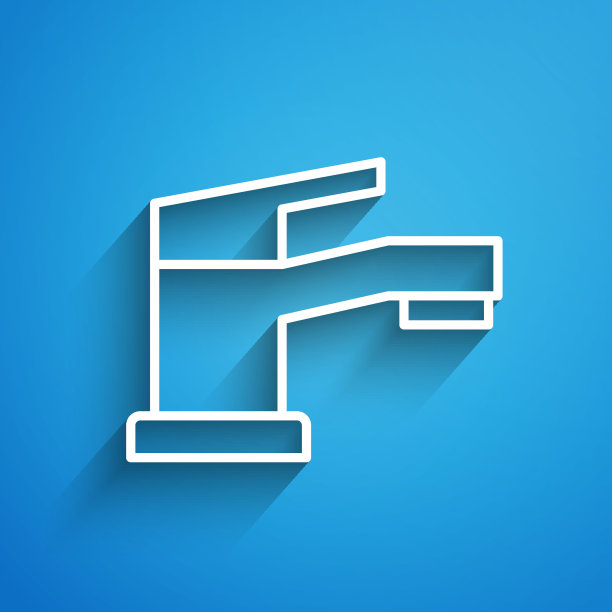 白线水龙头图标隔离在蓝色背景。长长的阴影。向量图片下载