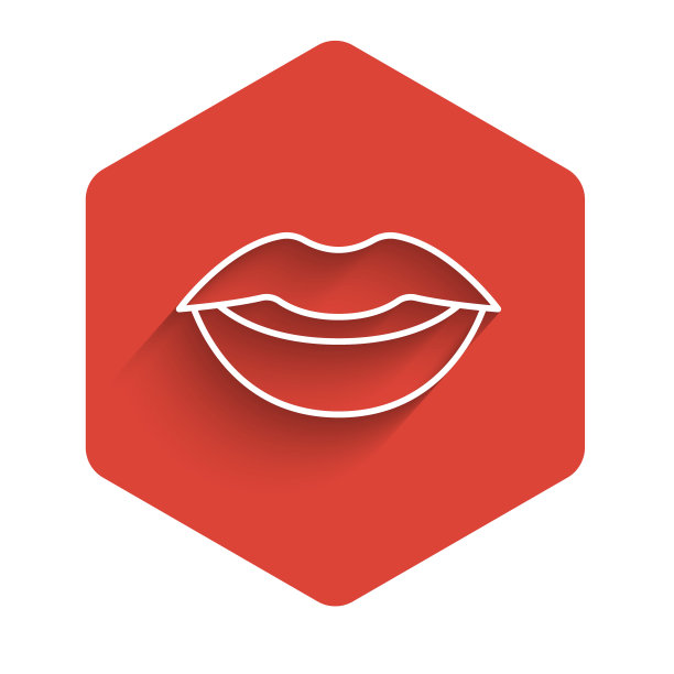 白色线微笑的嘴唇图标孤立与长阴影。微笑的象征。红色的六角按钮。向量图片下载