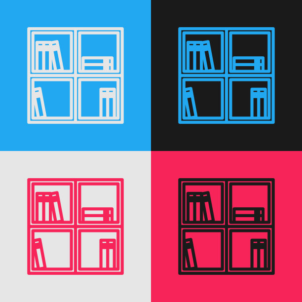 波普艺术系列书架与书籍图标孤立的颜色背景。货架上的迹象。向量图片下载