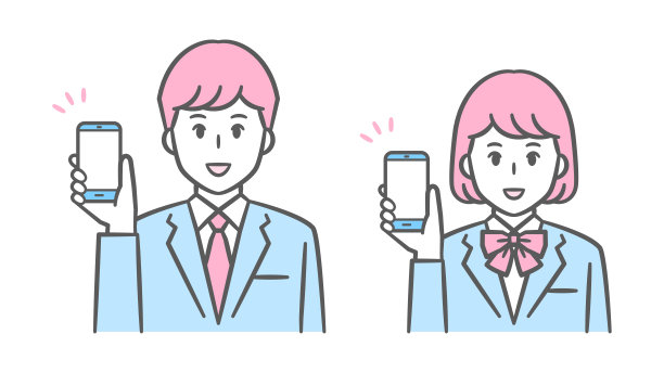 展示智能手机的男女初高中生西装制服插画图片下载