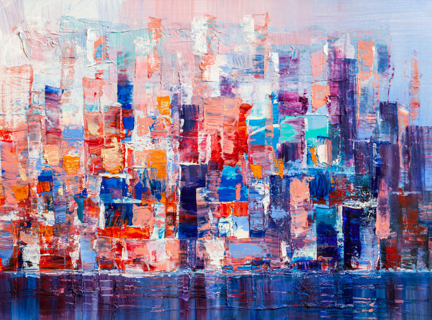 抽象的绘画摩天大楼。手绘图像全景图。图片下载