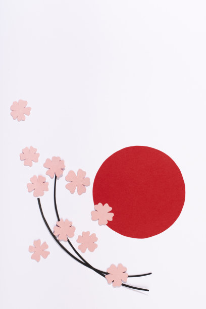 红色的太阳和粉红色的花孤立在白色的背景上。为日本国家建基日设计纸张。图片下载