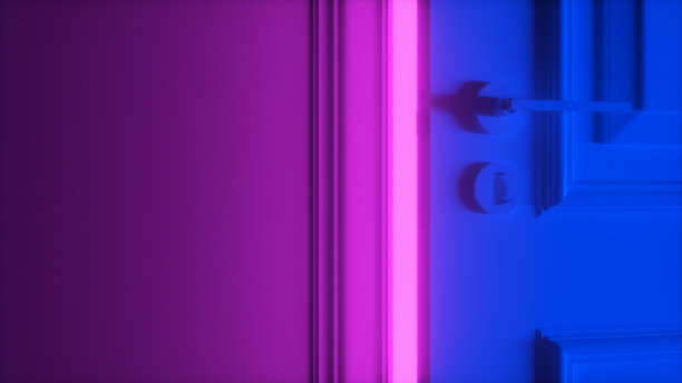 明亮的粉红色鲜艳的霓虹灯房间的门打开了，明亮的彩色灯光充满了空间。充满了黑暗的空间。3D渲染打开门。图片下载
