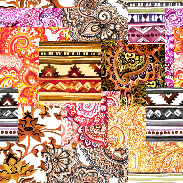 无缝民族装饰图案-混合装饰装饰品。水彩槽设计图片下载