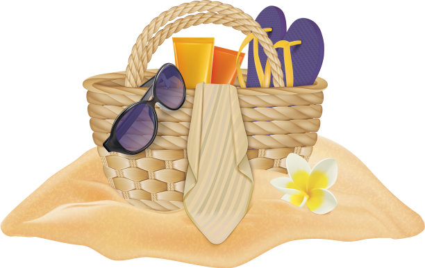 带太阳镜拖鞋毛巾的沙滩篮子图片下载