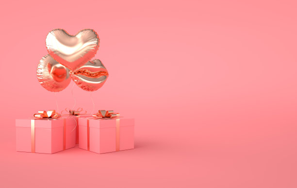 三维渲染的箔金色光泽的心脏气球，礼品盒与粉红色的背景金色蝴蝶结。情人节浪漫优雅的2月14日卡片。为派对、社交媒体宣传横幅和海报腾出空间。图片下载