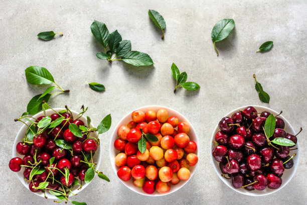 各种樱桃，新鲜的水果盘在白色的背景，成熟的樱桃，甜的水果，俯视图图片下载