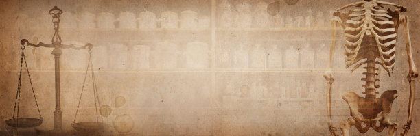 古老的药秤和药瓶，骨架和秤在古老的牛皮纸背景。图片下载