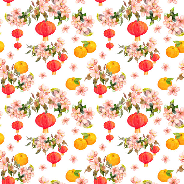 节日枝头挂梅花，红纸灯笼。中国新年无缝图案。水彩图片下载