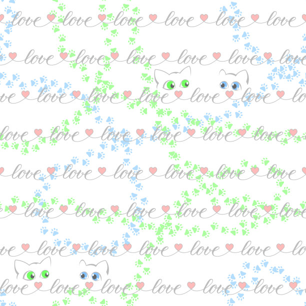 约会的概念。灰色单词爱与粉色心形和猫不断重复。向量无缝模式。情人节重复的背景。样布。包装纸。连续打印图片下载