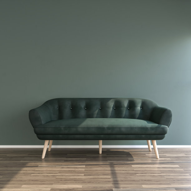 室内模型。一个三个座位的沙发在一堵绿色的墙前面。硬木地板。图片下载