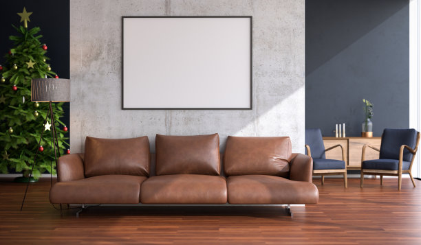 有大窗户和圣诞树的客厅。框架模型在140 × 100厘米和沙发。素材图片