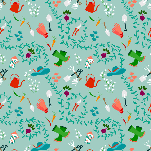 园艺，园艺工具无缝模式。手绘可爱的花园设备图标背景。喷壶，甜菜根，帽子，靴子，手套，新鲜食物，种子包，树叶图片下载