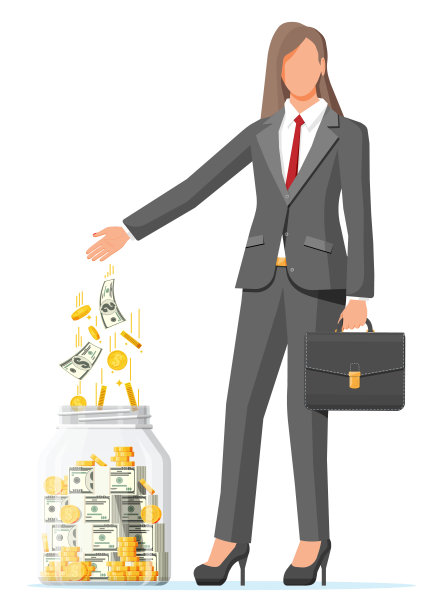 女商人把金元钞票放进罐子里图片下载
