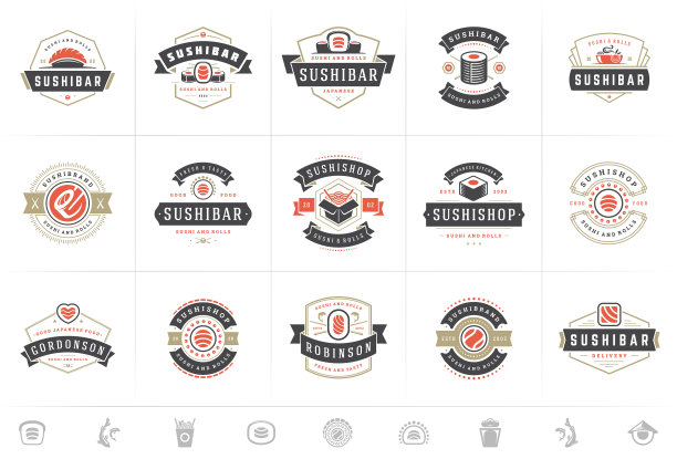 寿司餐厅的标志和徽章设置日本图片下载