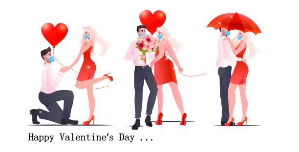 一名戴面具的男子和一名女子站在一起，庆祝情人节冠状病毒隔离概念图片下载