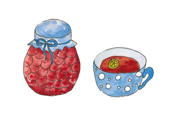 一罐果酱和一杯柠檬茶，在白色的背景上。图片下载