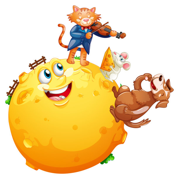 猫在月亮上拉小提琴，老鼠在吃奶酪，可爱的狗卡通人物孤立在白色的背景图片下载