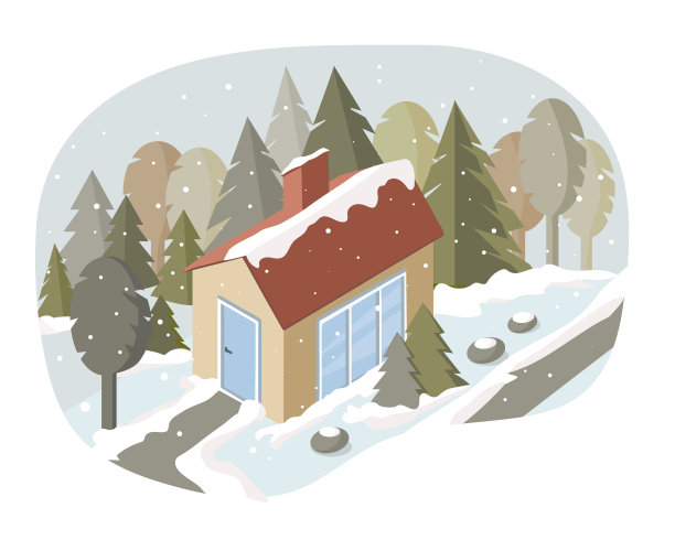 森林中一个乡村家庭的矢量插图。冬季景观，降雪。周围有很多树。乡村生活。环保，远离文明图片下载