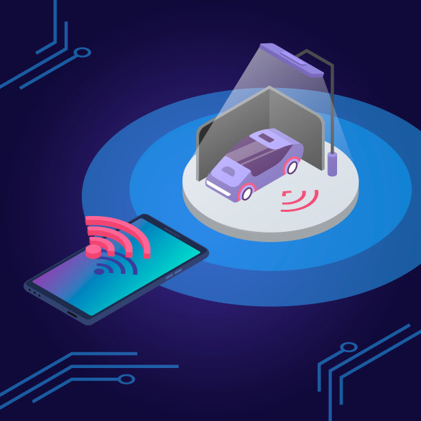 汽车报警系统遥控等距彩色矢量图。交通安全监控智能手机应用。汽车智能安全系统3d概念隔离在蓝色背景图片下载