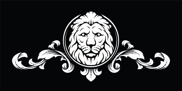 狮子头与复古设计元素在黑暗的背景。矢量插图。图片下载