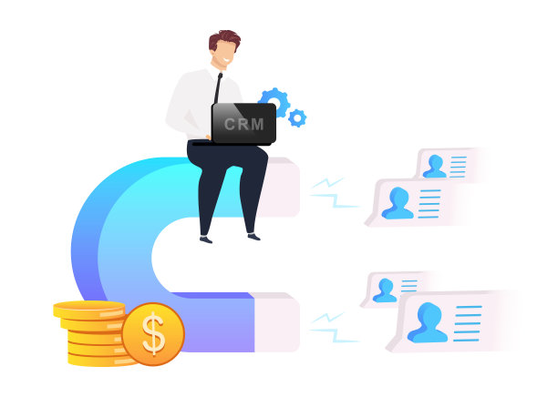 客户吸引平面概念矢量插图。商人与笔记本电脑2D卡通人物为网页设计。斯马林人坐在磁铁上。利润增长。CRM系统创意图片下载