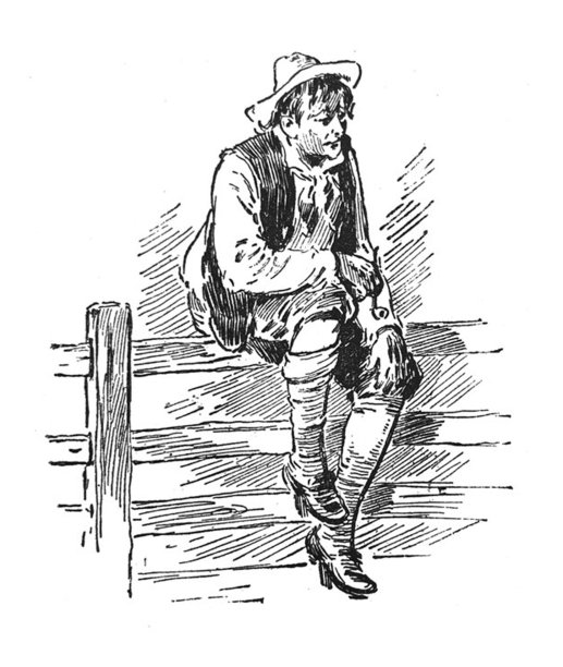 古董插图-瑞普·凡·温克尔-年轻男子坐在小镇边缘的篱笆上图片下载