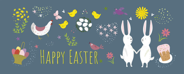 矢量旗帜与复活节项目。兔子，复活节蛋糕，母鸡和鸡蛋。矢量插图在手绘风格。图片下载