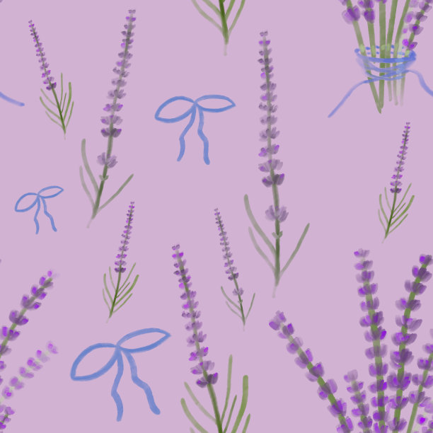 水彩薰衣草无缝模式与蓝色蝴蝶结和丝带在紫色的背景。印刷，亚麻布，床上用品，包装，墙纸，纺织品，厨房，器具设计图片下载