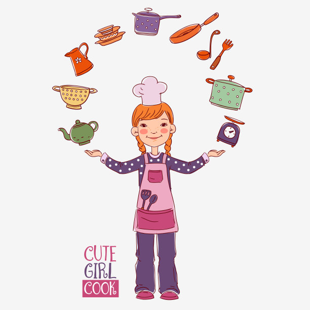 可爱和微笑的女孩在厨师制服在白色的背景。小孩用厨房用具做饭图片下载