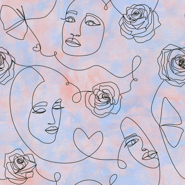 一条线画抽象污染艺术。现代无缝模式与女性面孔图片下载