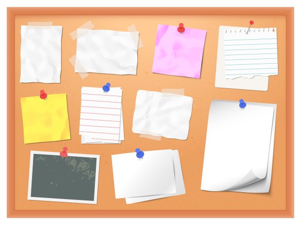 钉有便条的软木板。矢量针备忘录办公室笔记图片下载