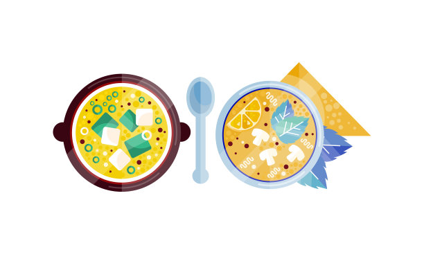 热汤在碗设置，开胃的新鲜食物晚餐平面矢量插图俯视图图片下载