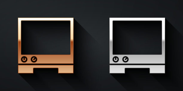 金色和银色语音助手图标隔离在黑色背景。语音控制用户界面智能扬声器。长长的阴影风格。向量图片下载