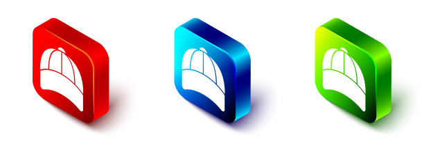 等距棒球帽图标孤立在白色背景。运动设备。体育制服。红色，蓝色和绿色的方形按钮。向量图片下载