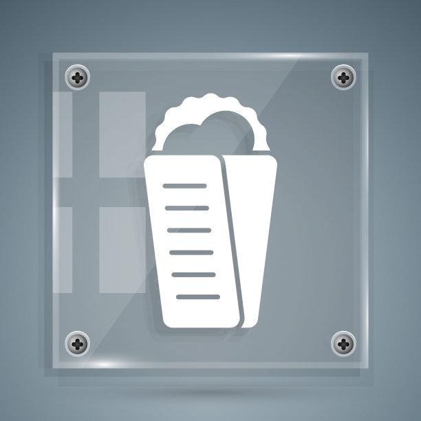 白色陀螺皮塔希腊快餐传统美食图标孤立在灰色背景。酸奶沙司希腊沙拉三明治。方形玻璃面板。向量图片下载