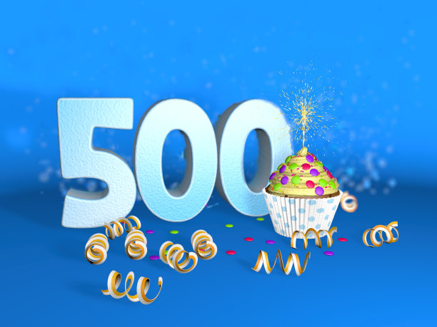 500个生日或周年纪念纸杯蛋糕，白色大数字，蓝色背景上有黄色条纹。三维演示图片下载