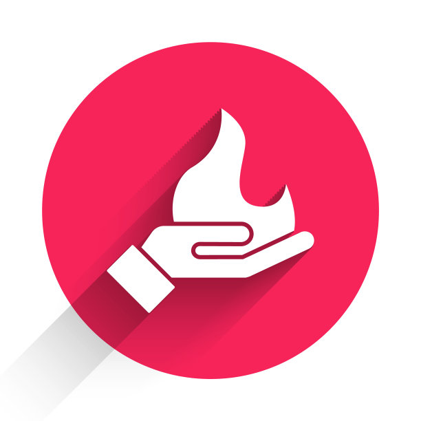 白手握着一个火焰图标，孤立着长长的影子。红色圆圈按钮。向量图片下载