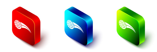 等距高尔夫球图标孤立在白色背景。红色，蓝色和绿色的方形按钮。向量图片下载