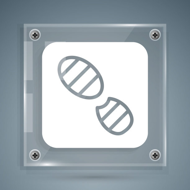白色人类脚印鞋图标孤立在灰色背景。鞋鞋底。方形玻璃面板。向量图片下载
