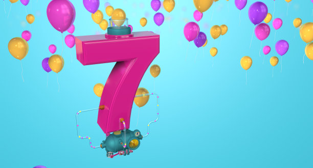 7号漂浮在空中，通过玻璃管与压缩机连接，在蓝色背景下排出黄色、红色和紫色的气球。三维演示图片下载