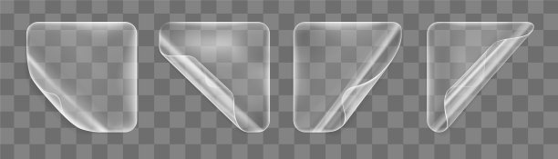 透明粘方形贴纸与卷曲角模拟设置。空白不干胶纸或塑料不干胶标签具有卷曲效果。模板标签标签关闭。三维逼真矢量图标图片下载