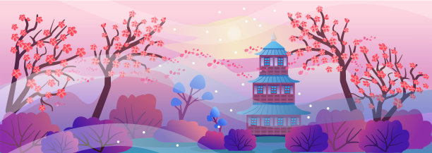 春天日本的风景卡通风格。美丽的风景有樱花，高山，宝塔。矢量插图在一个平面风格的设计，水平组成。亚洲庙,山图片下载