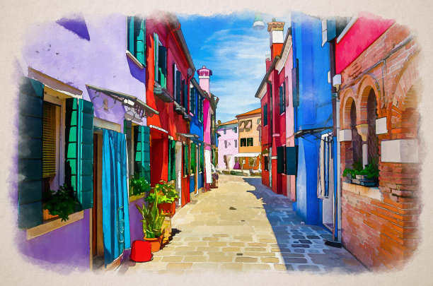 水彩画的布拉诺岛狭窄的鹅卵石街道之间五颜六色的房子，建筑与色彩鲜艳的墙壁图片下载