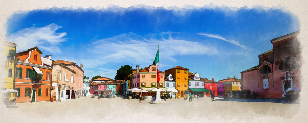 布拉诺水彩画:市中心广场上有五颜六色的老建筑和意大利国旗，阳光明媚的夏日里有蔚蓝的天空图片下载