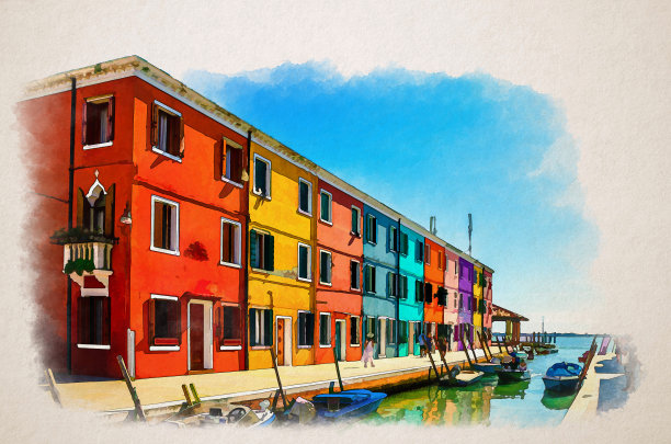布拉诺岛彩色房屋水彩画。意大利，狭窄水道的堤岸上五颜六色的建筑和渔船图片下载