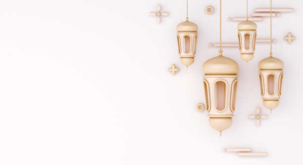 伊斯兰装饰背景与灯笼在白色卡通风格，斋月kareem, mawlid，开斋饭，isra miraj, eid al fitr adha，穆哈兰，复制空间文本区，3D插图。图片下载