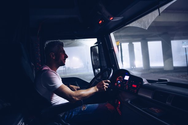 英俊的卡车司机在工作。夜班。图片下载