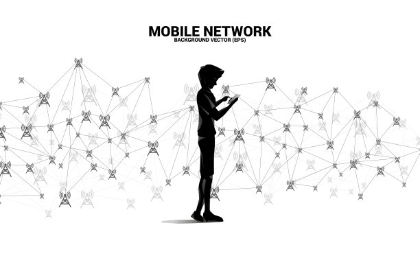 剪影的人使用手机天线塔图标多边形风格从点和线连接。图片下载
